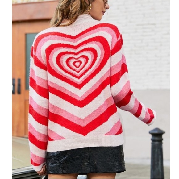 Pink and Red Retro Mock Neck Heart Sweater - Picture 2 of 3